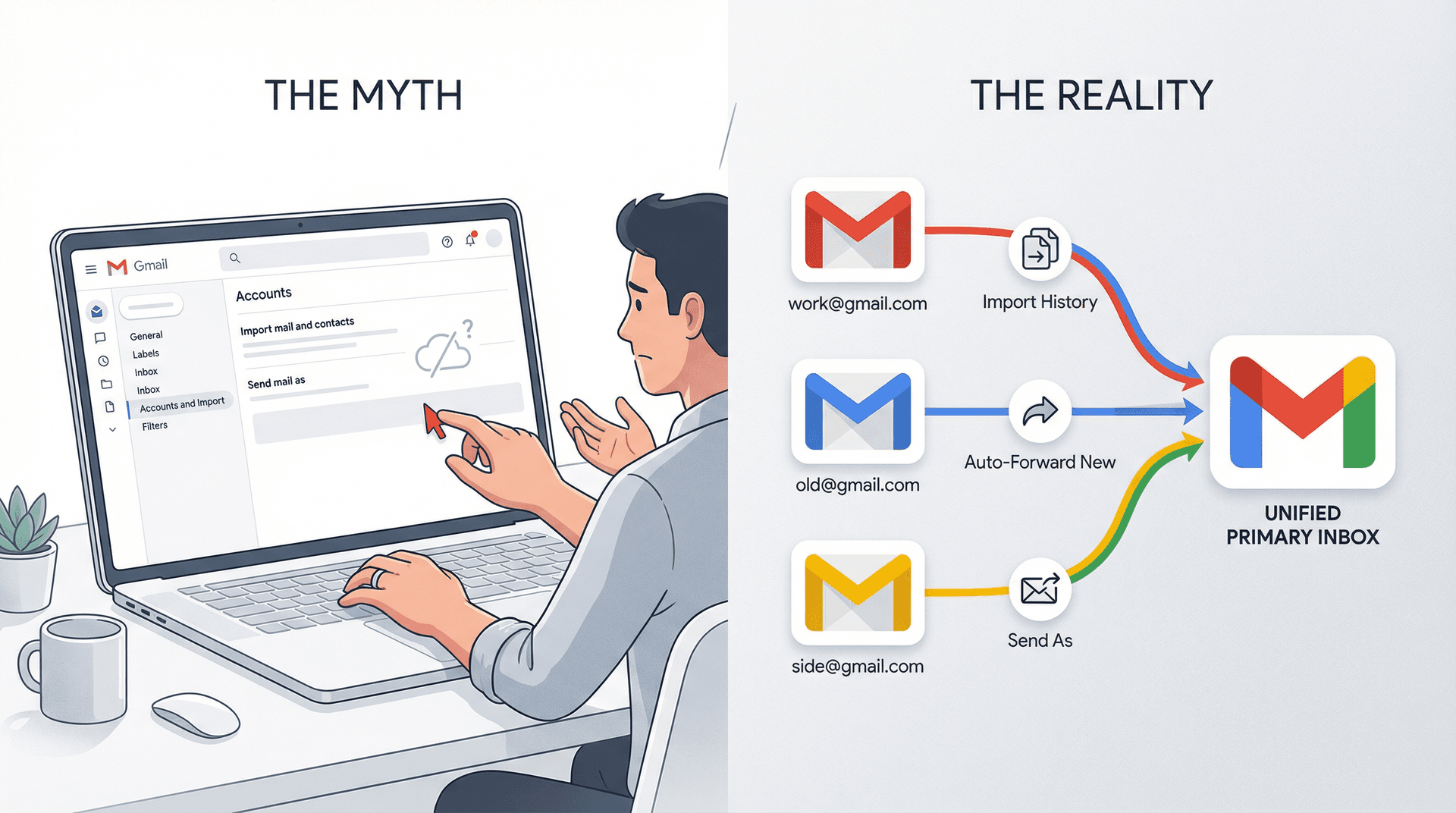 Visual comparison showing the myth of a Gmail merge button versus the reality of a copy-forward-send pipeline workflow